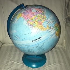 Globe on blue plastic stand